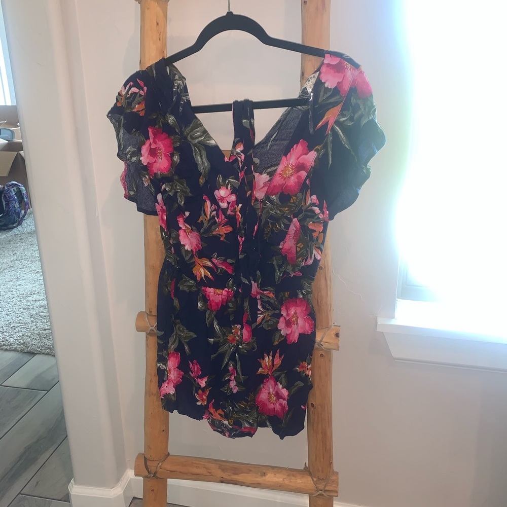 Navy blue and pink floral romper